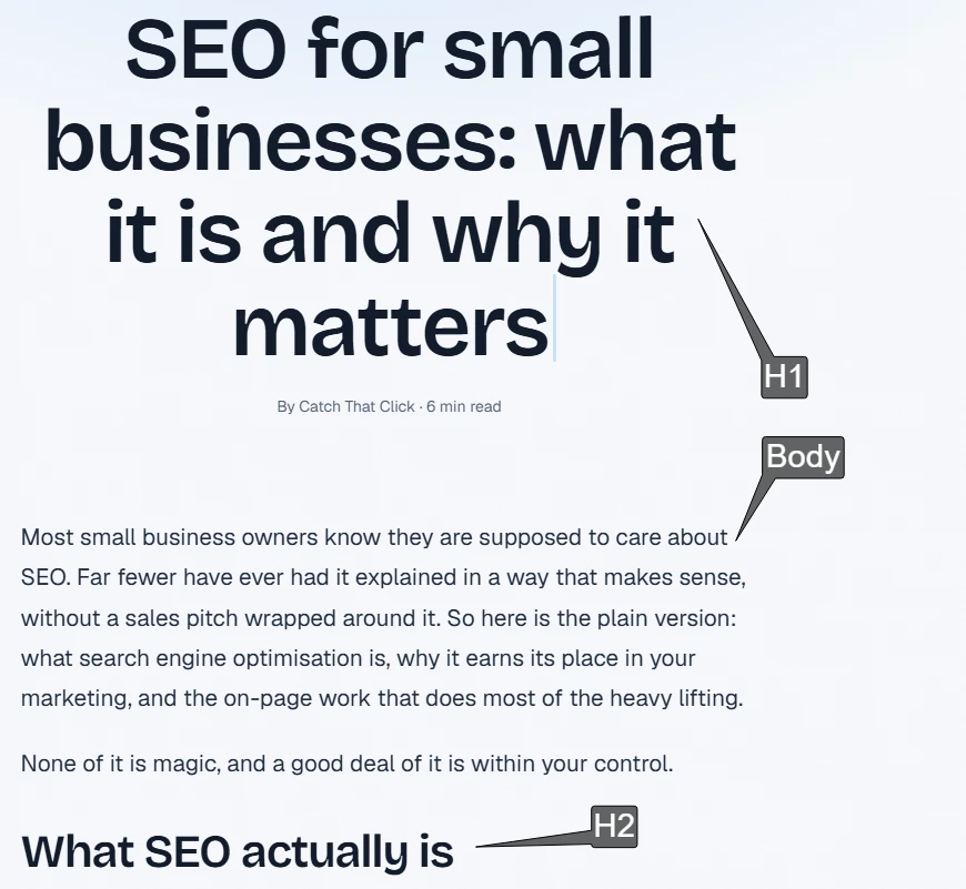 Example of clear H1 and H2 headings on a small business website