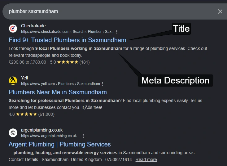 How page titles and meta descriptions appear in Google search results