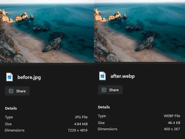 Before and after image compression: a 4.84 MB JPG reduced to a 46 KB WebP